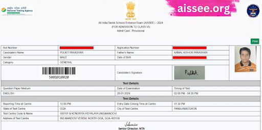 sample image of sainik school admit card